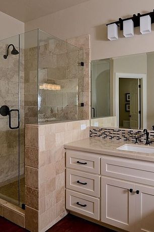 Modern 3/4 Bathroom with Frameless Shower Doors By Dulles Glass and Mirror, frameless showerdoor, Hardwood floors