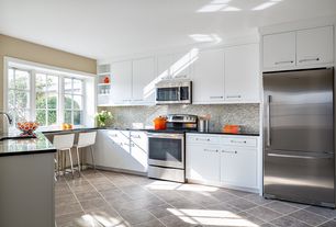 Contemporary Kitchen with European Cabinets, Ceramic Tile, limestone tile floors, Absolute Black Granite, Kitchen peninsula
