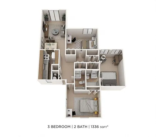 Floor plan Three Bedroom 2 Bath- 1,336 sqft
