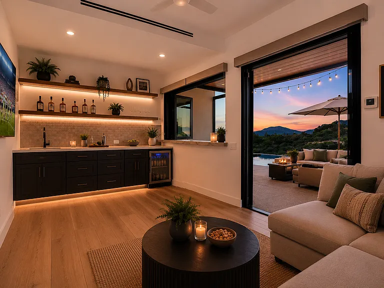 This can be a party/bar room with a bar, mini-fridge and space to lounge. It has direct access to the pool area and a covered outdoor area great for outdoor dining or lounging. It has a large sliding window as well as a large fully opening door.