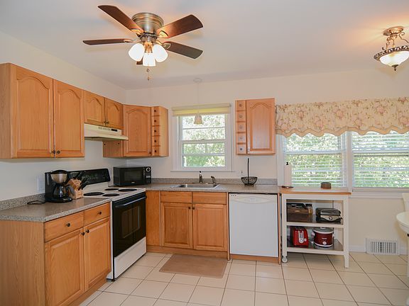 Kitchen with windows facing back yard