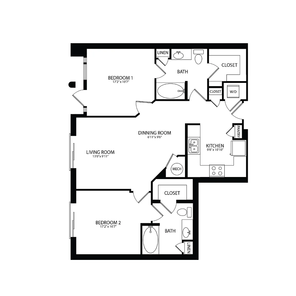 Floor plan 2 Bedroom, 2 Bath 995 SF B6A