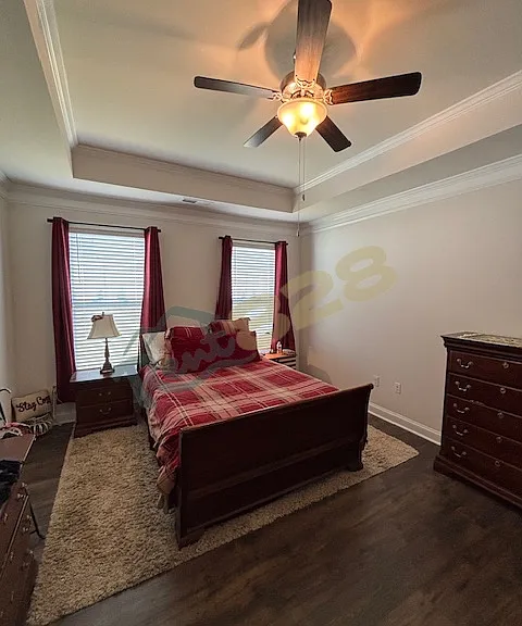 Primary bedroom on main level with tray ceilings