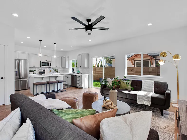 Open concept living room, dining room, kitchen.