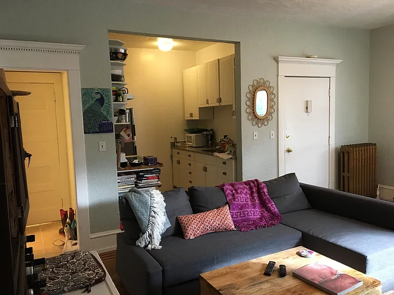 Looking toward front door, kitchen and hallway to bathroom
