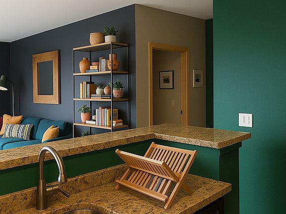 living area and bedroom door from kitchen with designer paint