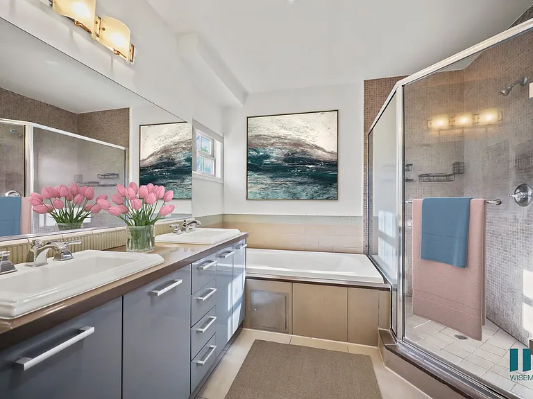 Bathroom with Double-sink Vanity, Bathtub, and Walk-In Shower