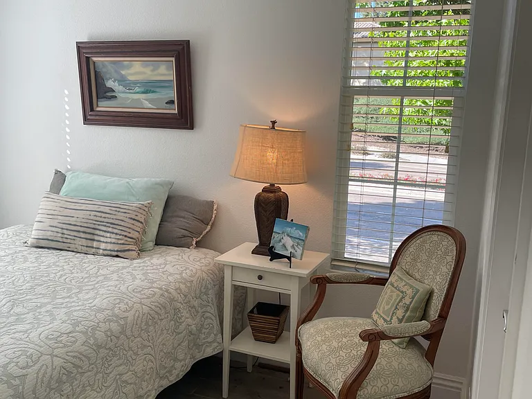 Another relaxing room with full bed, wool rug, two chairs, throw pillows, side table and lamp, and artwork. Walk-in closet to the right of the chair.