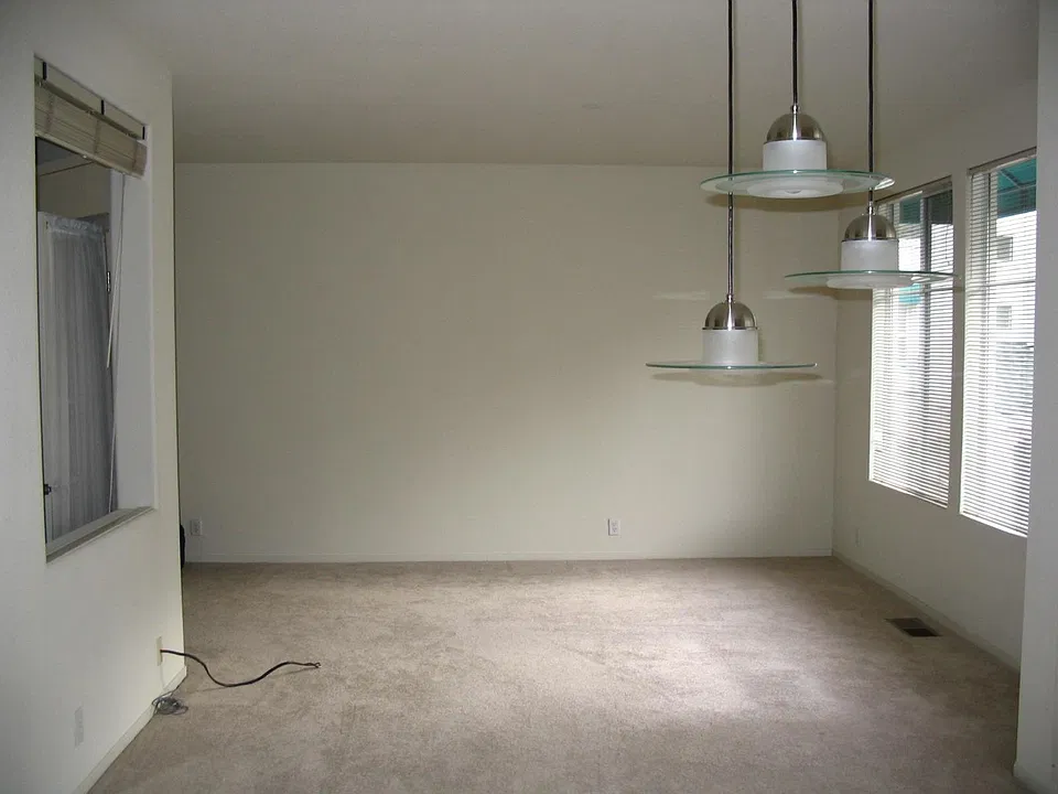 The living area as seen from the kitchen (before carpet replacement).