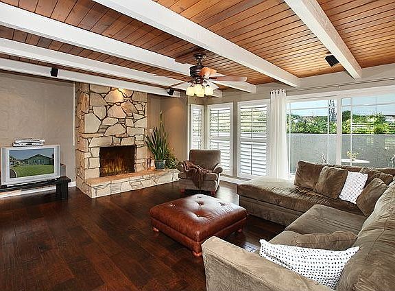 Family room with flagstone fireplace