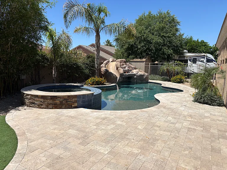 Hot tub and heated slat water pool.