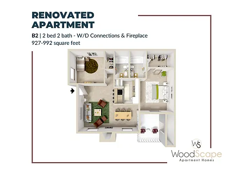 Floor plan B2 (W/D Connections and Fireplace) Renovated