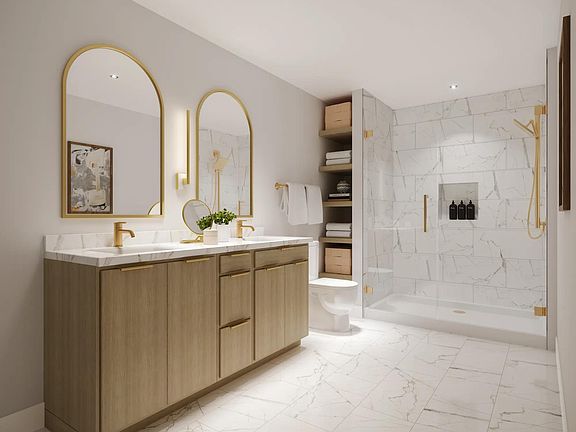 Designer bathrooms with quartz countertops at Modera Nations in Nashville, TN.