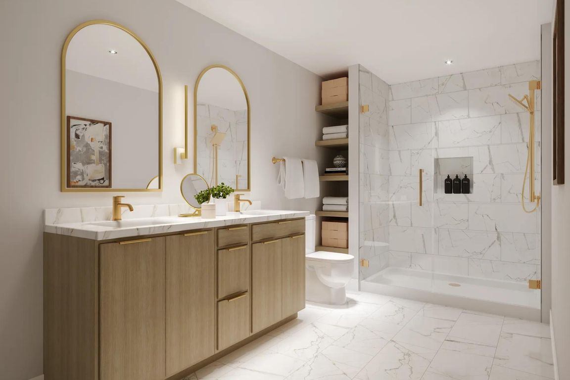 Designer bathrooms with quartz countertops at Modera Nations in Nashville, TN.