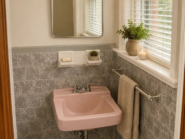 virtually staged 1/2 bath with primary bedroom