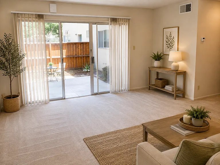 Spacious living room with sliding glass doors leading to a private patio.