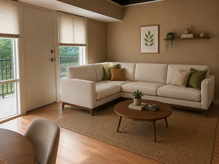 well lit living room, with vaulted lodge cabine ceiling