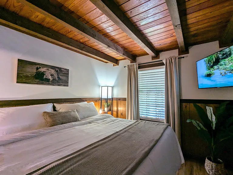 MAIN LEVEL MASTER BEDROOM (sleeps 2): King Bed with Samsung TV
