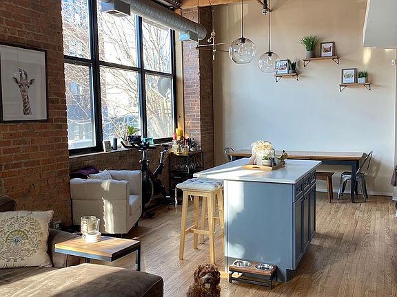 Kitchen island and long farm table for dining (or working)