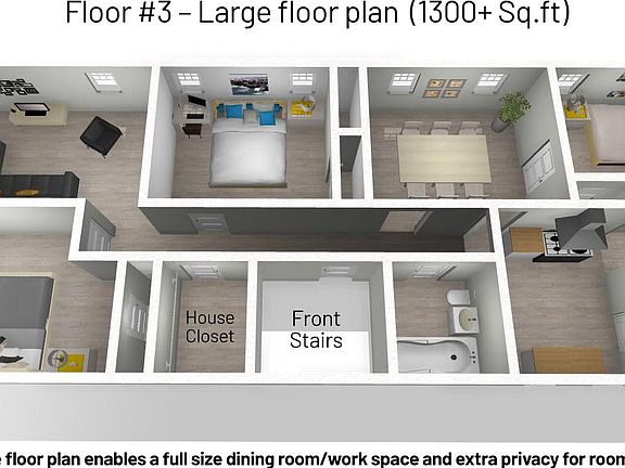 Great floor plan includes a dining room, living room, bedrooms all separated by other rooms.