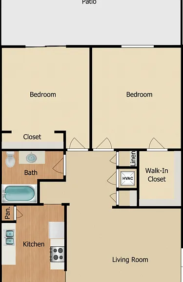 2 Bed 1 Bath B Floorplan Diagram
