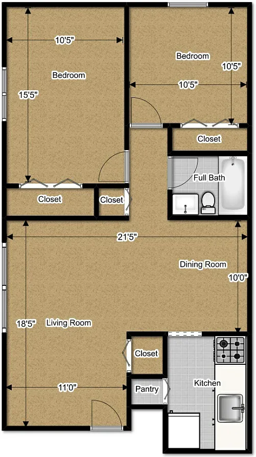Floor plan 2 Bedroom 1 Bath Terrace / All Versions