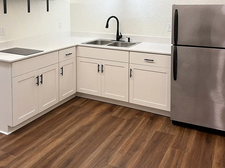 Kitchen features stainless steel sink, refrigerator, freezer, and two-burner cooktop.