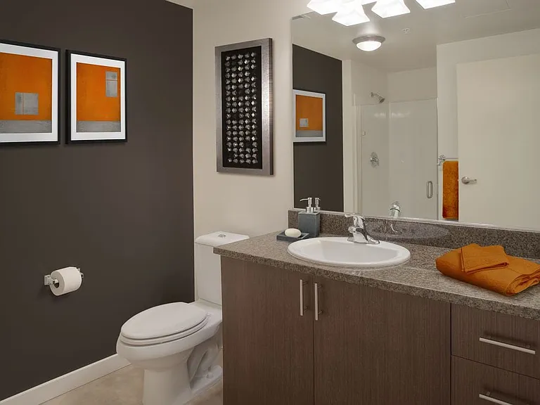 Classic Package I bath with brown speckled granite countertops, espresso cabinetry, and hard surface flooring