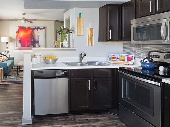 Open-concept Kitchen with Stainless Steel Appliances in Griffis SoCo Austin Apartment