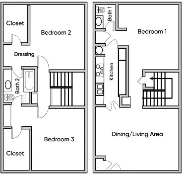 Floor plan 3 Bedroom, 1.5 Bathroom Townhome
