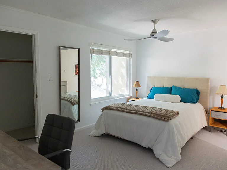 Master bedroom with view of redwood tree and walk in closet and work station.