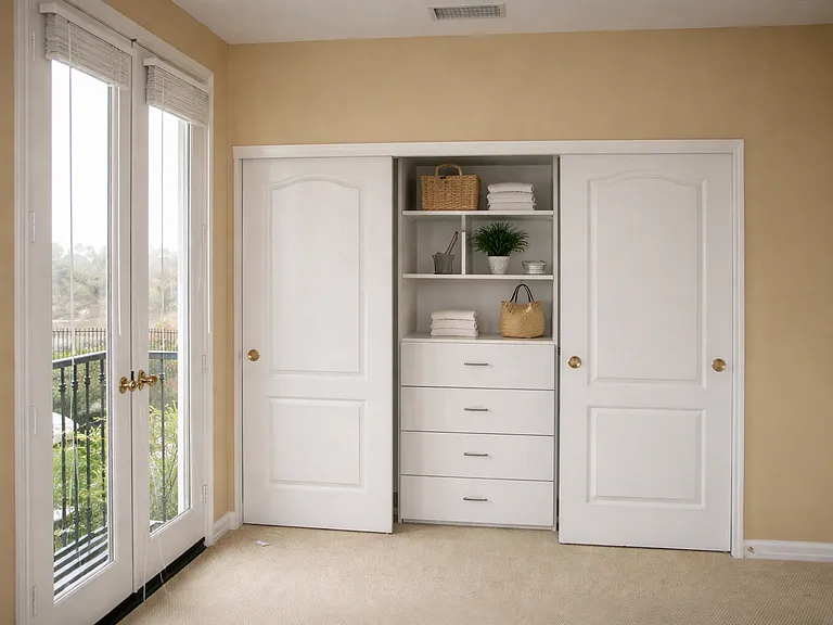 Bright bedroom featuring French doors to balcony, built in closet system, and scenic views