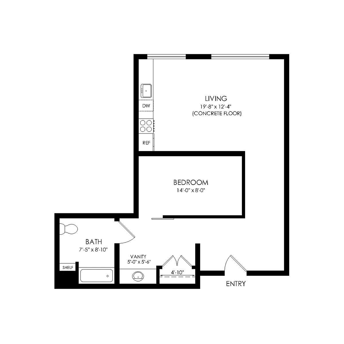 Floor plan One Bed One Bath 670 sqft