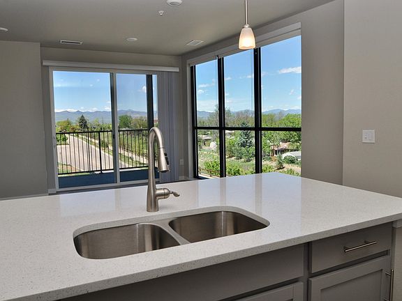 Kitchen view looks west to the Rocky Mountains.