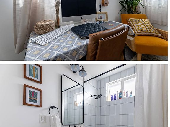 Bathroom and desk area in bedroom