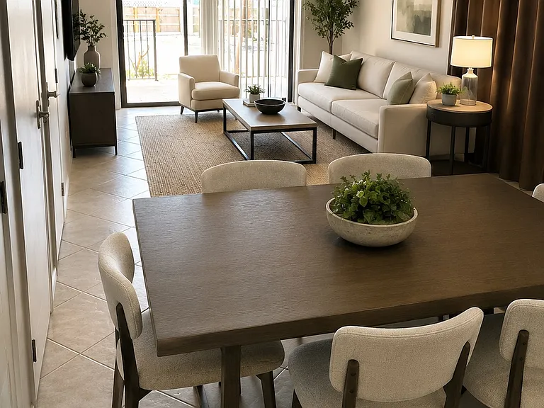 AI-staged living room - dining room which measures 25' x 11' 8".