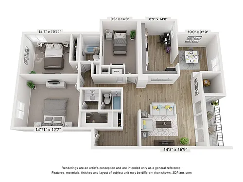 Floor plan C - 3BR 2BA (1280sf)