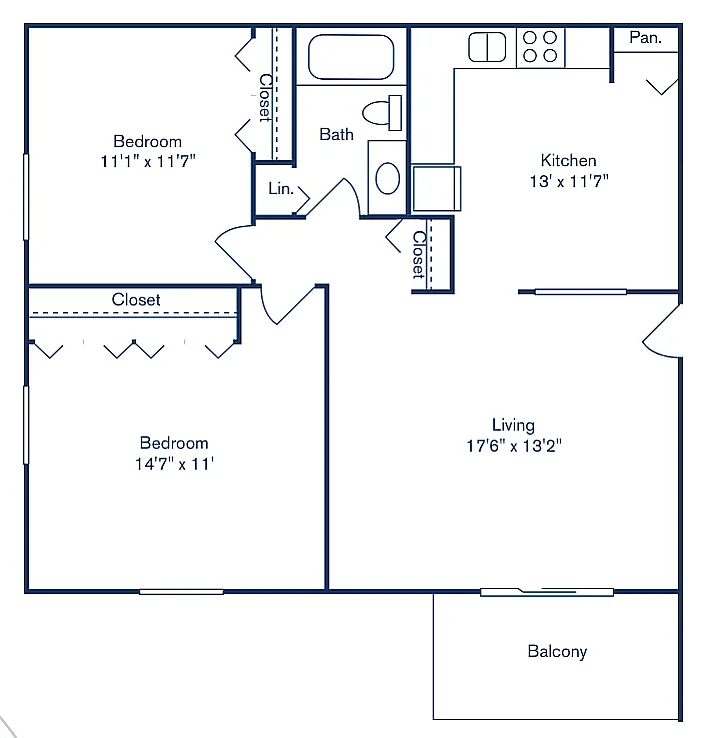 Floor plan 2 Bedroom, 1 Bath (858 sqft.) - North