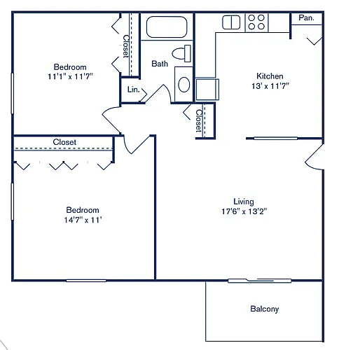 Floor plan 2 Bedroom, 1 Bath (858 sqft.) - North
