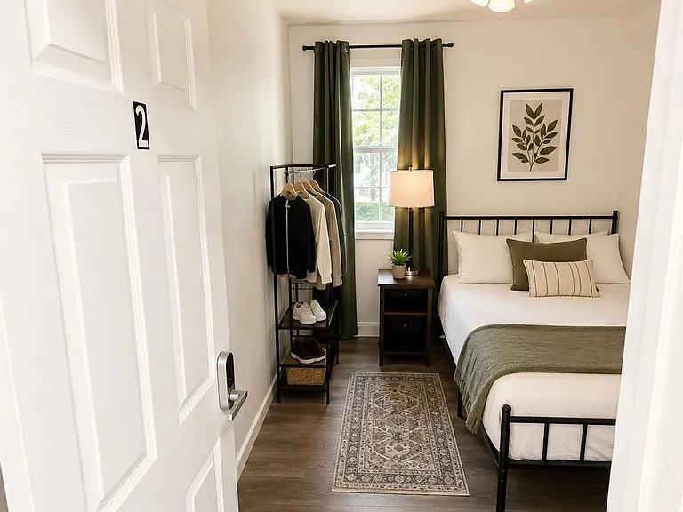 Well-appointed bedroom with a full bed, nightstand lighting, ceiling fan, and a window w/ curtains plus open clothing storage
