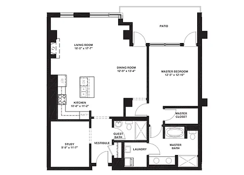 Floor plan 1 Bed 2 Bath with Den