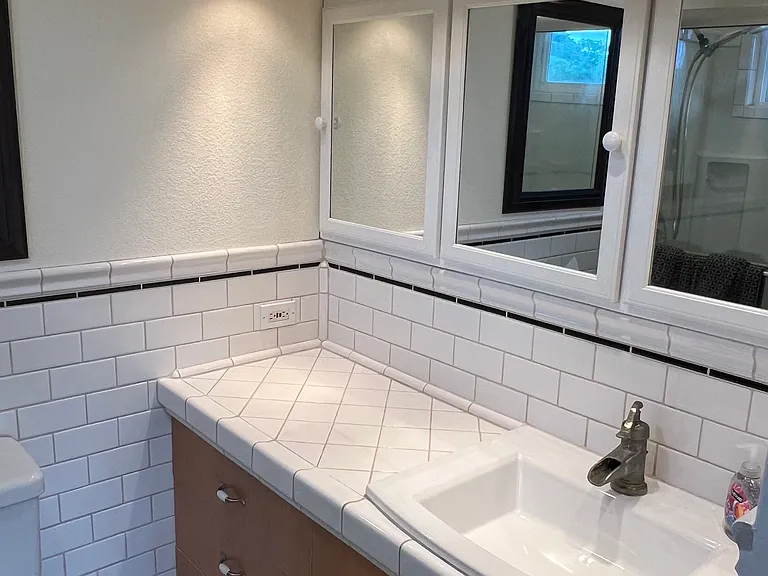Master bath with mirrored cabinets and recessed lighting