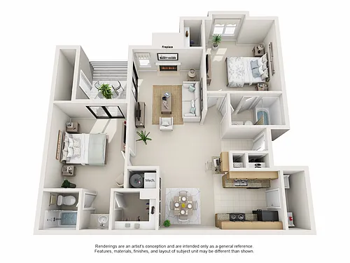 Floor plan Two Bedroom with Fireplace