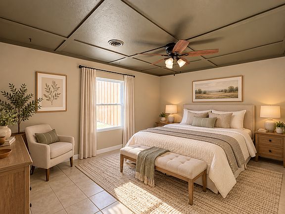 Bedroom number one offers a warm, inviting retreat with plenty of room for a queen-size bed. The neutral tones, natural light, and cozy finishes create a comfortable space that feels both relaxing and practical.