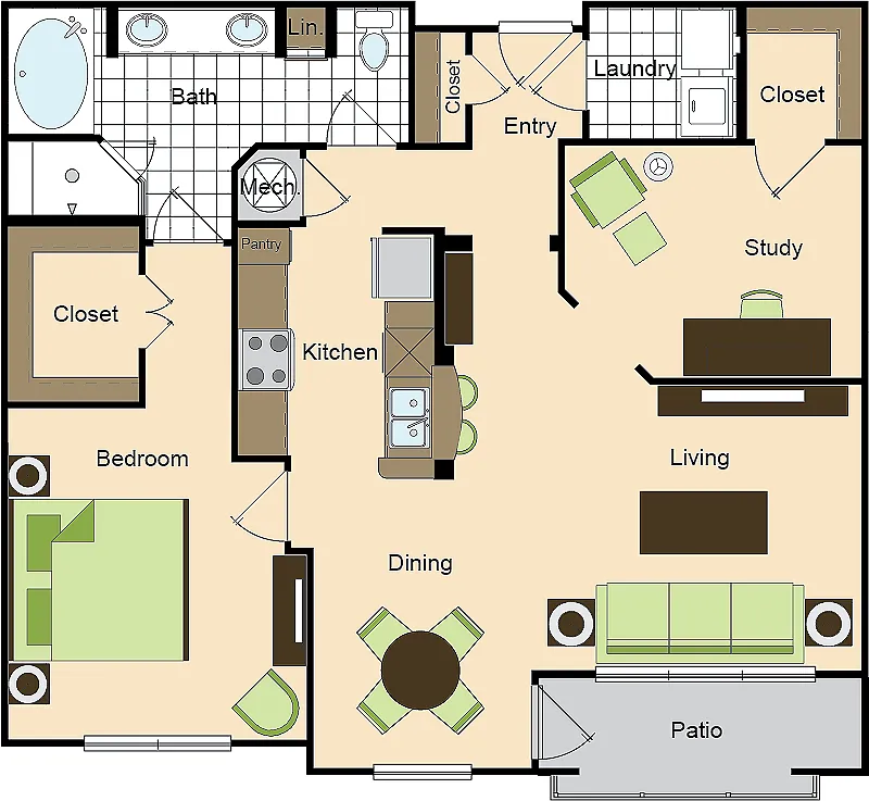 Floor plan One Bedroom One Bath with Den (1049 SF)