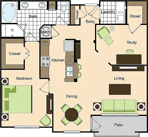 Floor plan One Bedroom One Bath with Den (1049 SF)