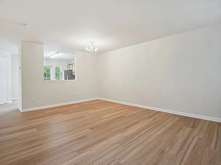 An overview of the living and dining area. The kitchen is visible beyond through the pass-through opening, while the half-bath door is visible on the left.