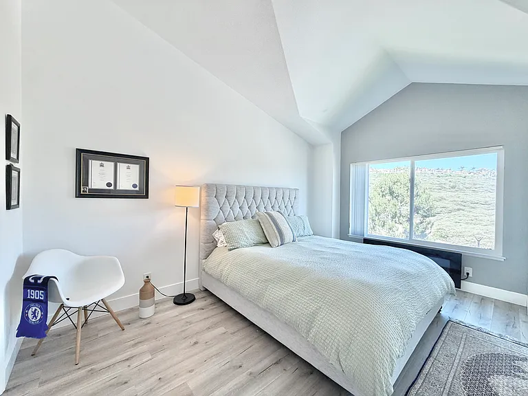 Primary Bedroom with fireplace & view