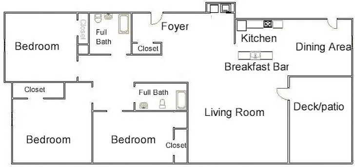 Floor plan E-J - 3 Bed 2 Bath - 1165sf