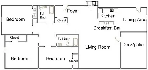 Floor plan E-J - 3 Bed 2 Bath - 1165sf